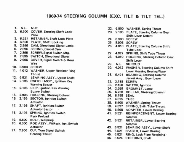 69-74 tilt tele steering column exploded view parts list